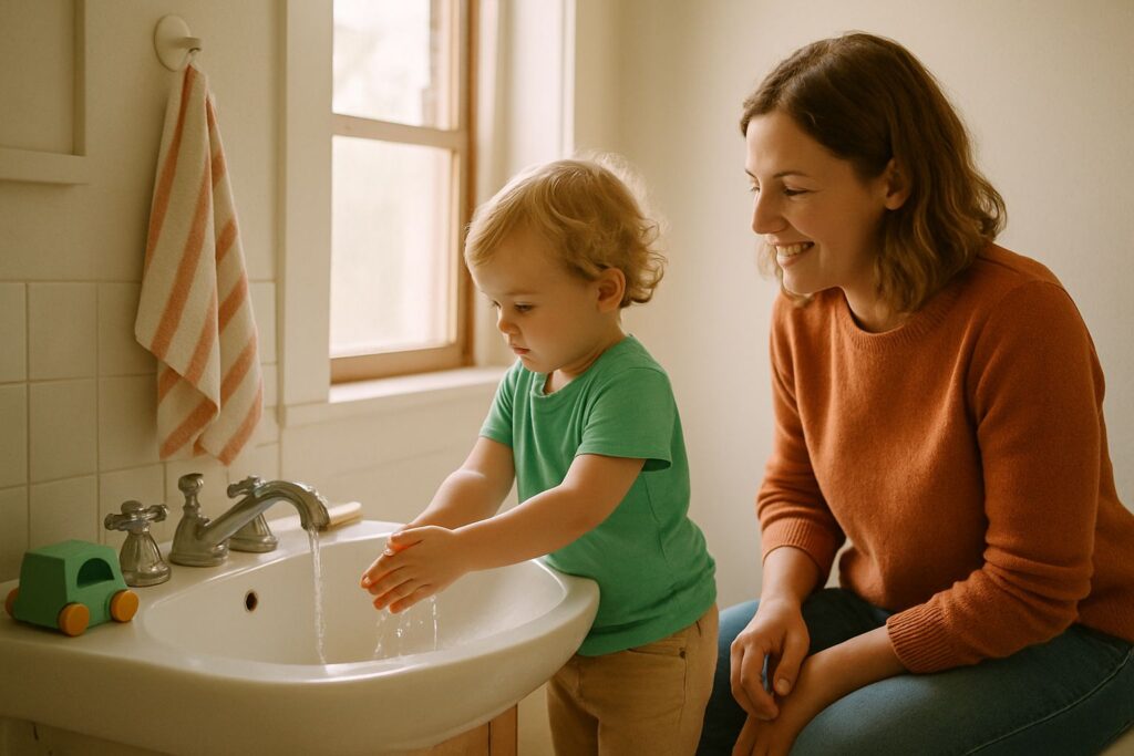 A parent kneels beside a toddler at a bathroom sink, helping them wash their hands in soft morning light.