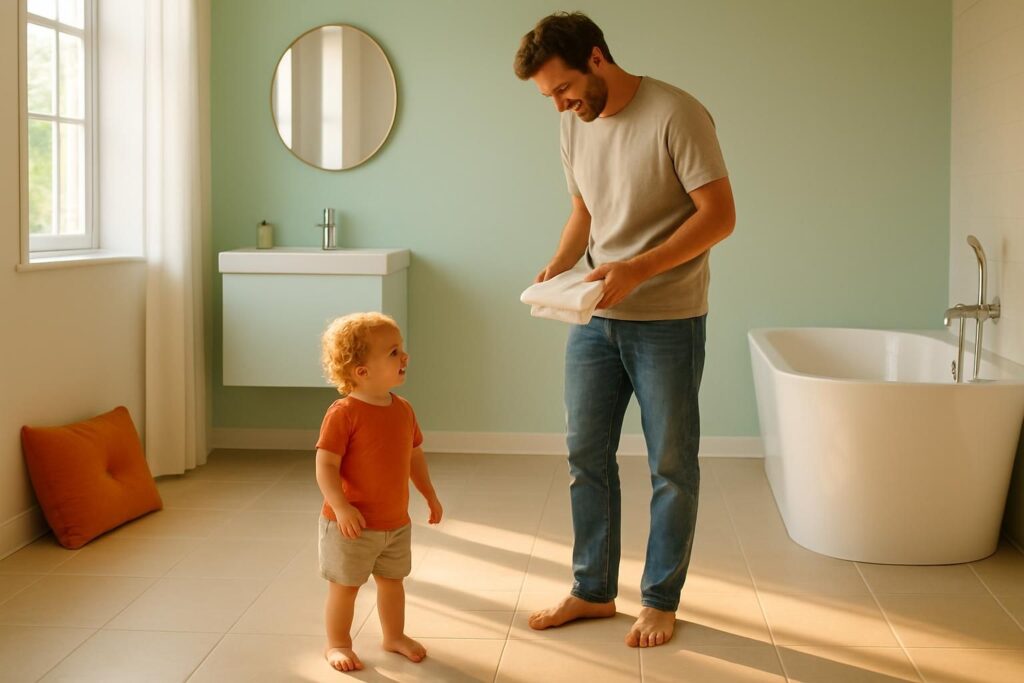 You and your toddler standing together in a bright bathroom, getting ready for the first day of potty training.