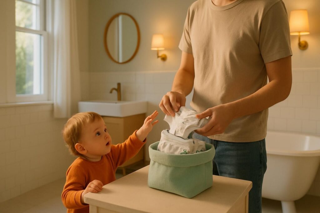 A parent folds small pairs of cotton underwear into a basket while a toddler stands nearby in a bright bathroom.