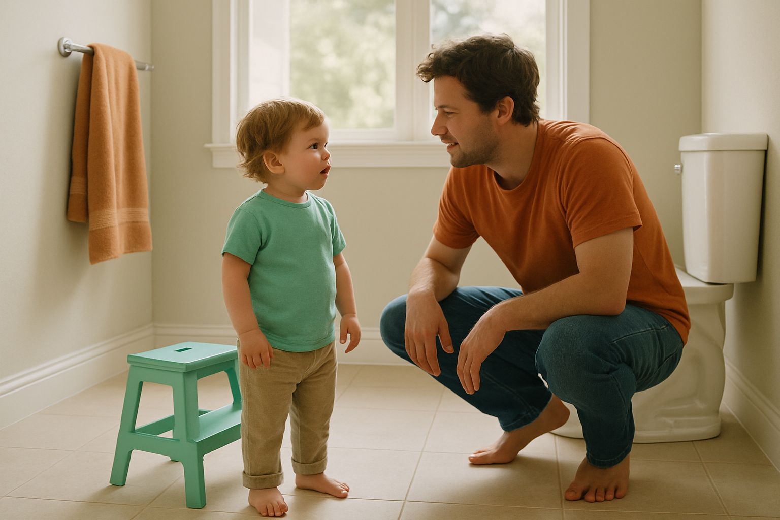 A parent kneels beside a toddler standing next to a step stool in a bright bathroom.