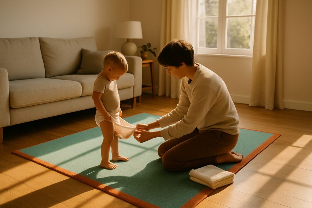 A parent helps a toddler change into dry underwear on a rug in a sunlit living room.