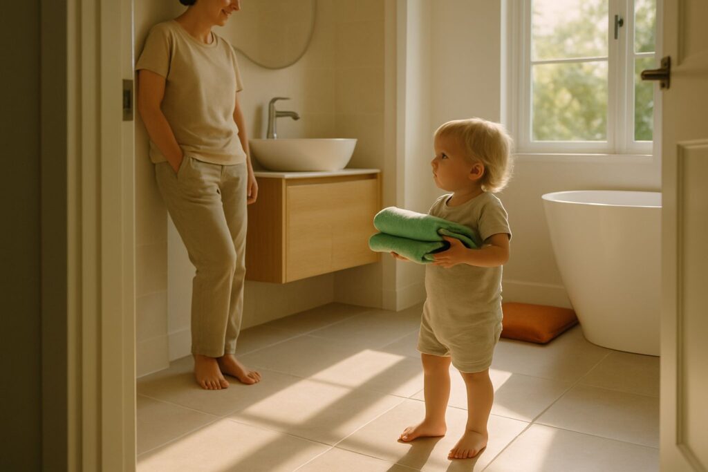 You watch from the bathroom doorway while your toddler holds a folded towel.