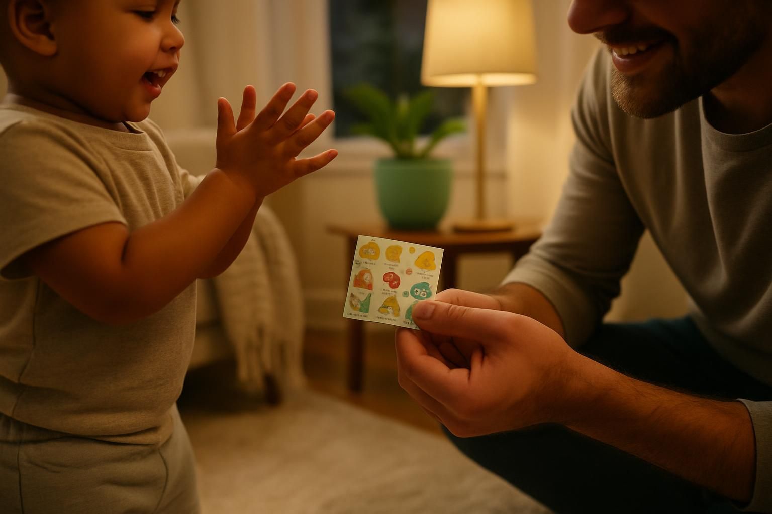 A parent kneels on a living room rug smiling at a toddler who is clapping, with a small sticker card held between them.