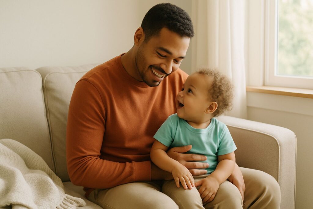 A parent sits on a sofa with a toddler on their lap, smiling and talking in a bright living room.