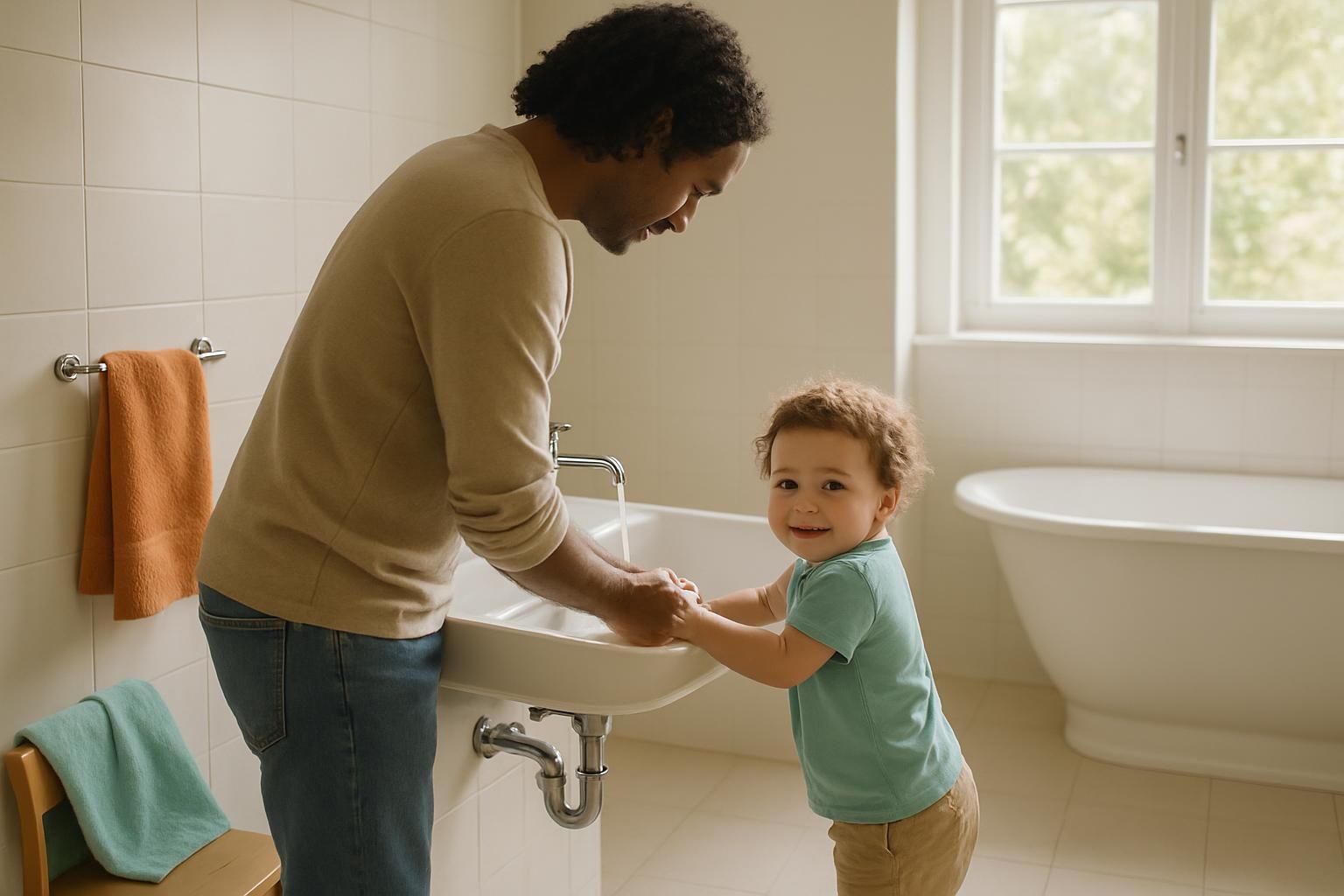 A parent and toddler stand together washing their hands at a bathroom sink in a bright, spacious bathroom.