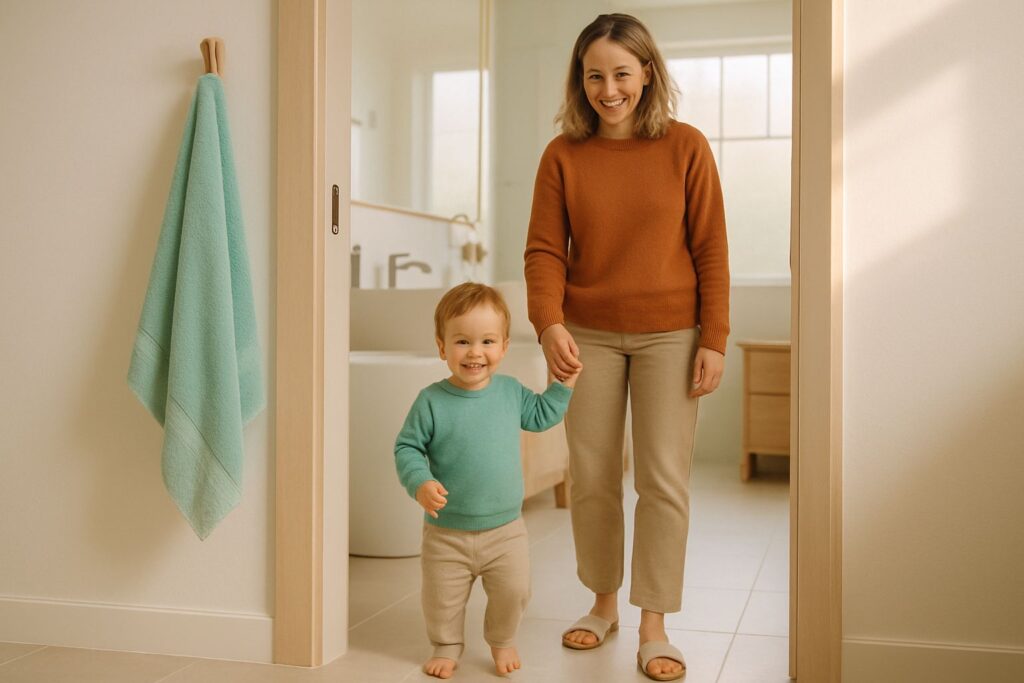 A toddler holds a parent's hand while standing in a sunlit bathroom doorway, both smiling.